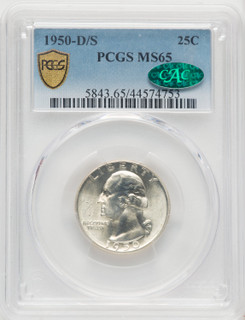 1950-D/S 25C CAC Washington Quarter PCGS MS65