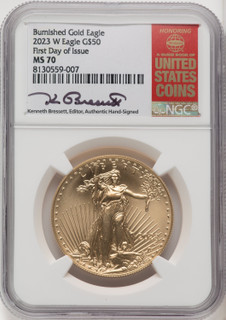 2023-W 1 oz  Burnished Gold Eagle FDI NGC MS70 Kenneth Bressett