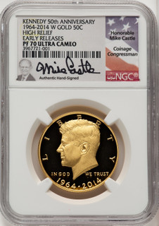 2014-W 50C Kennedy Gold 50th Anniversary First Strike ER Mike Castle Proof Kennedy Half Dollar NGC PR70