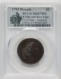 1793 Wreath 1C S-8 Vine and Bars Edge BN Large Cent PCGS MS67