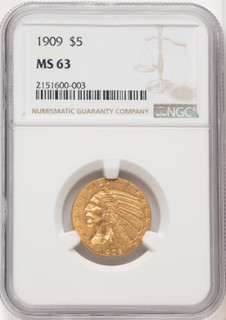 1909 $5 Indian Half Eagle NGC MS63 (772138077)
