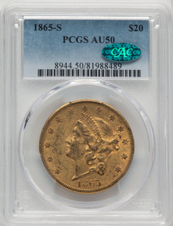 1865-S $20 CAC Liberty Double Eagle PCGS AU50