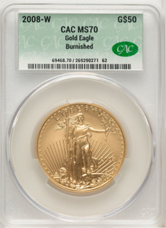 2008-W $50 One-Ounce Gold Eagle Burnished Gold Foil CACG SP70