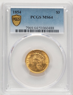 1854 $3 Three Dollar Gold Pieces PCGS MS64