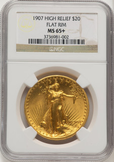 1907 $20 Flat Rim Brown Label High Relief Double Eagle NGC MS65+