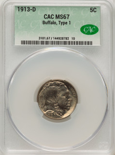 1913-D Type One 5C Buffalo Nickel CACG MS67