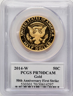 2014-W 50C Kennedy Gold 50th Anniversary First Strike Kennedy Half Dollar PCGS PR70