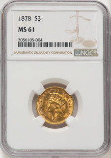 1878 $3 Brown Label Three Dollar Gold Pieces NGC MS61