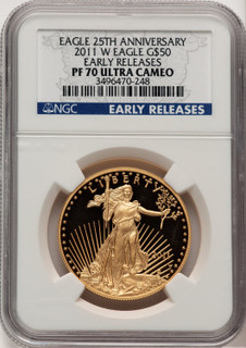 2011-W $50 One-Ounce Gold Eagle 25th Anniversary First Strike ER Blue NGC PF70 (521154004)