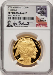 2008-W $50 One-Ounce Gold Buffalo .9999 Fine Gold Don Everhart NGC PF70