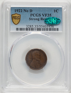 1922 No D Strong Reverse BN CAC Lincoln Cent PCGS VF35