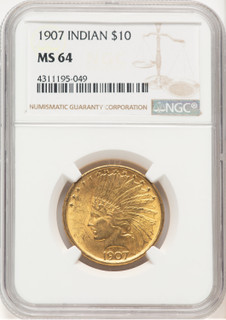 1907 $10 No Motto Brown Label Indian Eagle NGC MS64