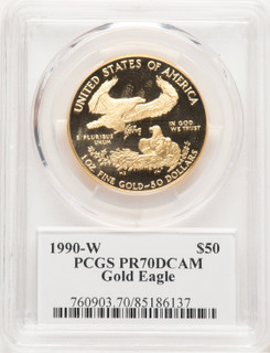 1990-W Proof Gold Eagle 1 oz John PCGS MS70 Mercanti