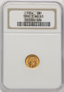 1854 G$1 T-1 Gold Dollar NGC MS63