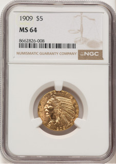 1909 $5 Indian Half Eagle NGC MS64 (778978003)