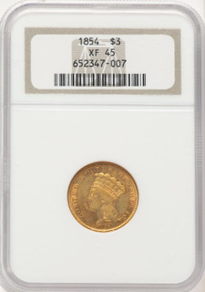 1854 $3 Three Dollar Gold Pieces NGC XF45
