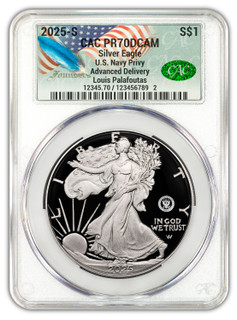 2025-S Silver Eagle 250th Anniversary U.S. Navy Privy AD CAC PR70 Founders