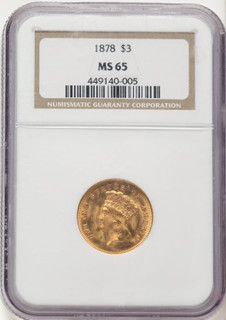 1878 $3 Three Dollar Gold Pieces NGC MS65