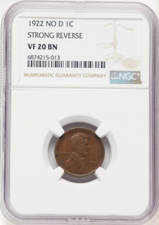 1922 1c FS-401 BN Lincoln Cent NGC VF20
