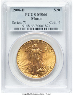 1908-D $20 MOTTO Saint-Gaudens Double Eagle PCGS MS66