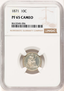 1871 10C CA Proof Seated Dime NGC PR65