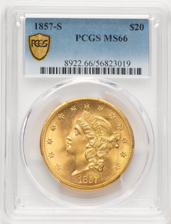 1857-S $20 Liberty Double Eagle PCGS MS66 1857-S $20 Liberty Double Eagle PCGS MS66