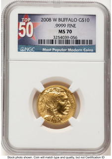 2008-W Burnished Gold Buffalo 1/4 oz Top 50 Most Popular Modern Coins Label NGC MS70