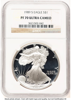 1989-S Proof Silver Eagle 1 oz Brown Label NGC PF70 (752100156)