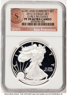 2012-S Proof Silver Eagle Coin & Currency Set 1 oz ER San Francisco Label NGC PF70