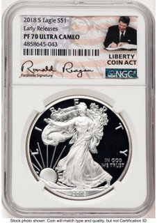 2018-S Proof Silver Eagle 1 oz ER Ronald Reagan Liberty Coin Act NGC PF70