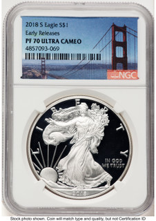 2018-S Proof Silver Eagle 1 oz ER San Francisco Bridge Label NGC PF70