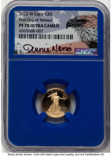 2022-W Proof Gold Eagle 1/10 oz FDR Jennie Blue Core NGC PF70 Norris