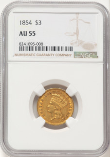 1854 $3 Brown Label Three Dollar Gold Pieces NGC AU55