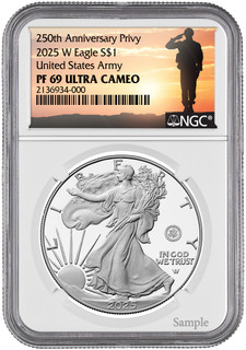 2025-W Silver Eagle 250th Anniversary U.S. Army Privy NGC PF69 Salute Label