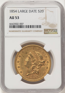 1854 $20 Large Date Proof Liberty Double Eagle NGC AU53
