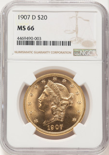 1907-D $20 Brown Label Liberty Double Eagle NGC MS66