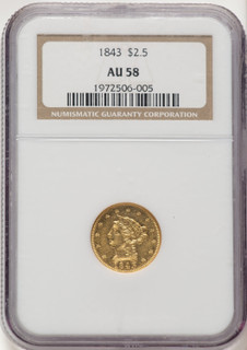 1843 $2.50 Liberty Quarter Eagle NGC AU58 (522470036)