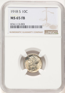 1918-S 10C FB Brown Label Mercury Dime NGC MS65