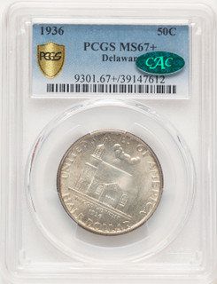 1936 50C Delaware CAC Commemorative Silver PCGS MS67+