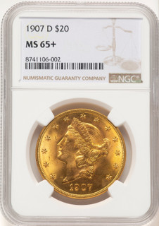 1907-D $20 Brown Label Liberty Double Eagle NGC MS65+