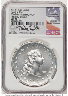 2024-(P) Silver 230th Anniversary Flowing Hair Medal Privy Mark FDI Mike Castle Modern Commemoratives NGC MS70
