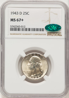 1943-D 25C CAC Washington Quarter NGC MS67+
