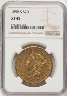 1858-S $20 Liberty Double Eagle NGC XF45