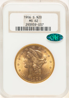1906-S $20 CAC Liberty Double Eagle NGC MS62