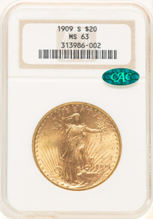 1909-S $20 CAC Saint-Gaudens Double Eagle NGC MS63