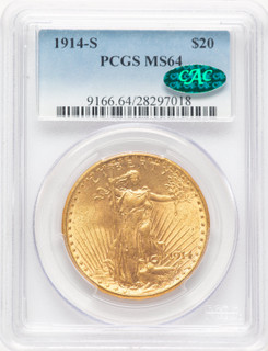 1914-S $20 CAC Saint-Gaudens Double Eagle PCGS MS64