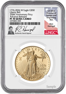 2026-W Proof Gold Eagle 250 Liberty Bell AR NGC PF70 Harrigal (1776-2026)