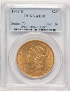 1863-S $20 Liberty Double Eagle PCGS AU50
