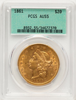 1861 $20 Green Label Liberty Double Eagle PCGS AU55