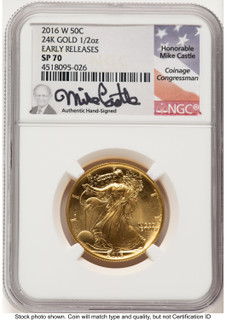 2016-W 50C Walking Liberty 100th Anniversary Gold Centennial ER Mike Castle NGC MS70
